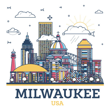Outline Milwaukee Wisconsin City Skyline with Modern Colored Buildings Isolated on White. vector illustration. Milwaukee USA Cityscape with Landmarks.のイラスト素材