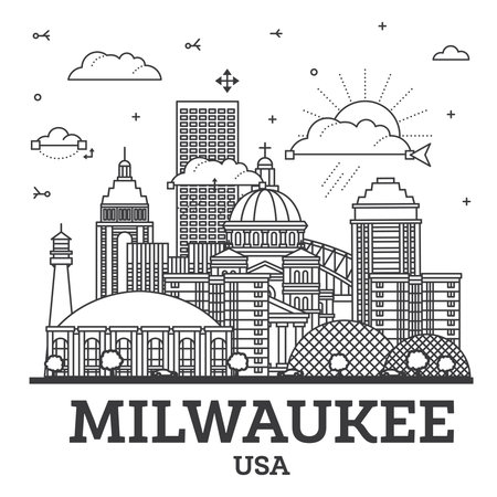 Outline Milwaukee Wisconsin City Skyline with Modern Buildings Isolated on White. vector illustration. Milwaukee USA Cityscape with Landmarks.のイラスト素材