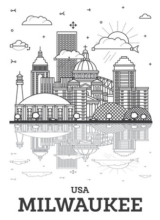Outline Milwaukee Wisconsin City Skyline with Modern Buildings and Reflections Isolated on White. vector illustration. Milwaukee USA Cityscape with Landmarks.のイラスト素材