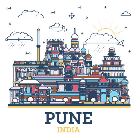 Outline Pune India City Skyline with Colored Historic Buildings Isolated on White. vector illustration. Pune Maharashtra Cityscape with Landmarks.のイラスト素材