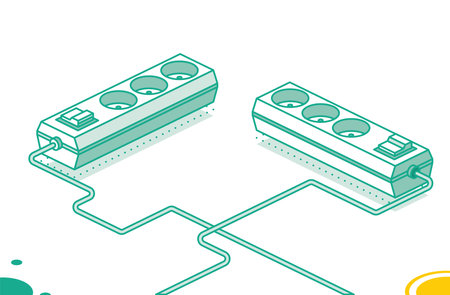 Electrical Power Socket Strip. vector illustration. Isometric Outline Concept. two objects. Modern Electric Extension Cord. Powerboard with Three Slots.のイラスト素材