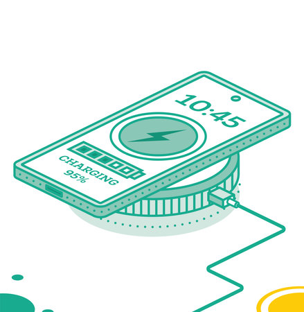 Smartphone Charging on Wireless Charger. Isometric Outline Concept. vector illustration.のイラスト素材