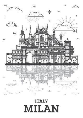 Outline Milan Italy City Skyline with Historic Buildings and Reflections Isolated on White. vector illustration. Milan Cityscape with Landmarks.のイラスト素材