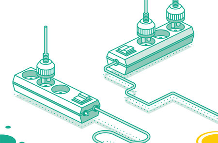 Modern Electric Extension Cord with Plug. Electrical Power Socket Strip. vector illustration. Isometric Outline Concept. two objects. Powerboard with Three Slots.のイラスト素材