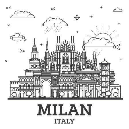 Outline Milan Italy City Skyline with Historic Buildings Isolated on White. vector illustration. Milan Cityscape with Landmarks.のイラスト素材