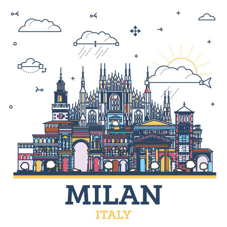 Outline Milan Italy City Skyline with Colored Historic Buildings Isolated on White. vector illustration. Milan Cityscape with Landmarks.のイラスト素材