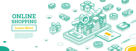 Online Shopping Concept wÄ±th Smartphone and Gift Boxes. Isometric Outline Scene. Sale, Consumerism, Buy Online and E-commerce Concept. Search of Goods. vector illustration.のイラスト素材