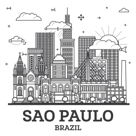 Outline Sao Paulo Brazil City Skyline with Modern Buildings Isolated on White. vector illustration. Sao Paulo Cityscape with Landmarks.のイラスト素材