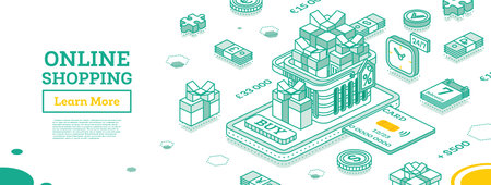 Online Shopping Concept wÄ±th Smartphone, Basket and Gift Boxes. Isometric Outline Scene. Sale, Consumerism, Buy Online and E-commerce Concept. vector illustration.のイラスト素材
