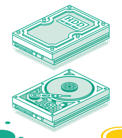 hard drive. Isometric Outline Concept. Highly Detailed Open HDD. Isolated Objects. vector illustration.のイラスト素材