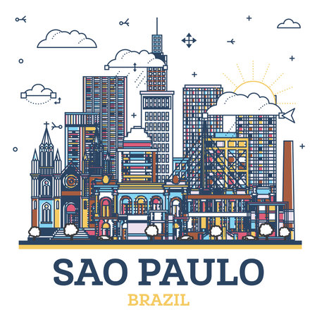 Outline Sao Paulo Brazil City Skyline with Modern Colored Buildings Isolated on White. vector illustration. Sao Paulo Cityscape with Landmarks.のイラスト素材