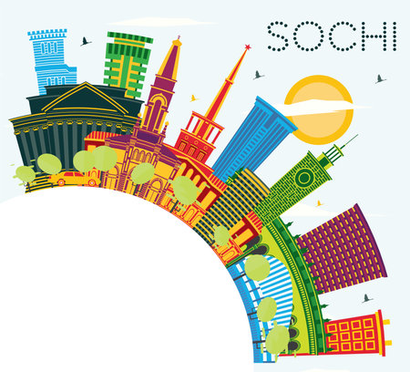 Sochi Russia City Skyline with Color Buildings, Blue Sky and Copy Space. vector illustration. Travel and Tourism Concept with Modern Architecture. Sochi Cityscape with Landmarks.のイラスト素材