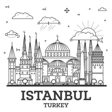 Outline Istanbul Turkey City Skyline with Historic Buildings Isolated on White. vector illustration. Istanbul Cityscape with Landmarks.のイラスト素材