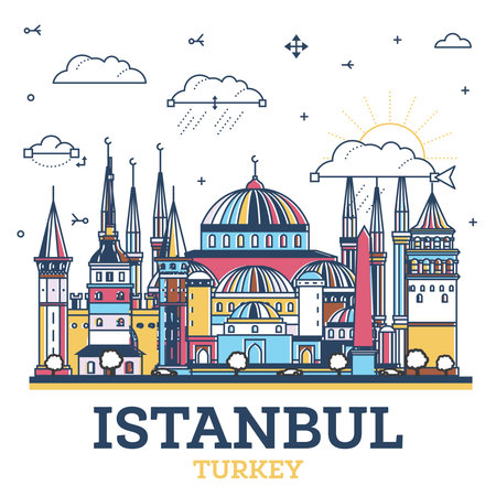 Outline Istanbul Turkey City Skyline with Colored Historic Buildings Isolated on White. vector illustration. Istanbul Cityscape with Landmarks.のイラスト素材
