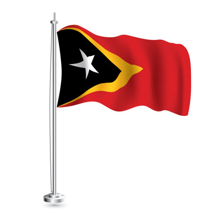 East Timor Flag. Isolated Realistic Wave Flag of East Timor Country on Flagpole. vector illustration.のイラスト素材