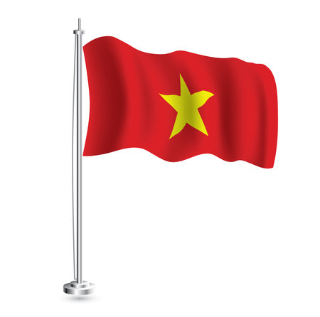Vietnamese Flag. Isolated Realistic Wave Flag of Vietnam Country on Flagpole. vector illustration.のイラスト素材