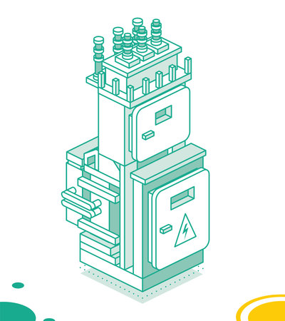 Isometric Electric Transformer. Outline Energy Concept. High Voltage Power Station Isolated on White. vector illustration.のイラスト素材