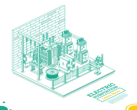 Isometric Energy Substation Interior. electric transformer. outline concept. vector illustration. green color. Part of Distribution Chain. High-Voltage Power Station.のイラスト素材