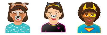 Face Painting with Girl or Boy with Dog and Cat Painting. Kid Wearing Colorful Costume of Superhero. Icons with Funny Kid Face. carnival mask.の写真素材
