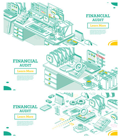 financial audit. Workplace of an Auditor or Accountant. Isometric Business Concept. Account Tax Report. Two Computers on Desk with Documents in Office. Calculating balance.の写真素材