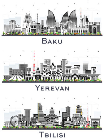 Yerevan, Tbilisi and Baku Azerbaijan City Skyline Set with Color Buildings Isolated on White. Cityscape with Landmarks.の写真素材