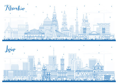 Outline Lviv and Kharkiv Ukraine City Skyline Set with Blue Buildings. Cityscape with Landmarks. Business Travel and Tourism Concept with Historic Architecture.の写真素材