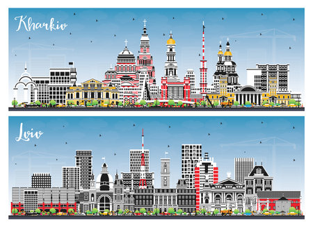 Lviv and Kharkiv Ukraine City Skyline Set with Color Buildings and Blue Sky. Cityscape with Landmarks. Business Travel and Tourism Concept with Historic Architecture.の写真素材