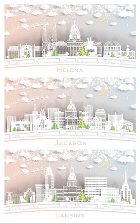 Lansing Michigan, Jackson Mississippi and Helena Montana City Skyline Set in Paper Cut Style with Snowflakes, Moon and Neon Garland. Christmas and New Year Concept. Santa Claus on Sleigh.の写真素材