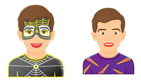 Face Painting Icon with Boy with Spider Painting and Purple T-Shirt. Isolated on white background. Funny Kid Face.の写真素材