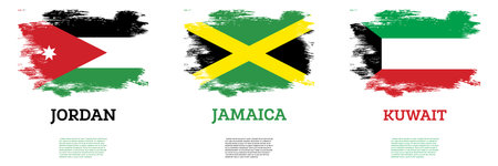 Jordan, Kuwait and Jamaica Flags Set with Brush Strokes. independence day.の写真素材