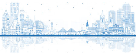 Welcome to Sweden. Outline City Skyline with Blue Buildings and Reflections. historical architecture. Sweden Cityscape with Landmarks. Stockholm. uppsala. Malmo. gothenburg.の写真素材
