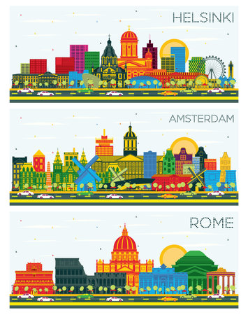 Amsterdam Holland, Rome Italy and Helsinki Finland City Skyline Set with Color Buildings and Blue Sky. historical architecture. Cityscape with Landmarks.の写真素材