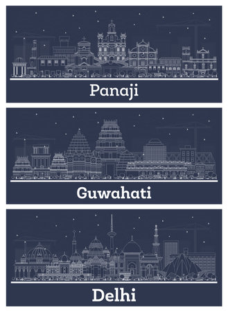 Outline Guwahati, Delhi and Panaji India City Skyline Set with White Buildings. Business Travel and Tourism Concept with Historic Architecture. Cityscape with Landmarks.の写真素材