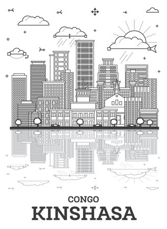 Outline Kinshasa Congo City Skyline with Modern Buildings and Reflections Isolated on White. vector illustration. Kinshasa Africa Cityscape with Landmarks.のイラスト素材