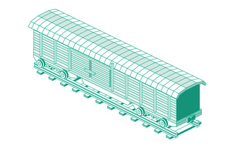 Isometric Freight Railroad Car Isolated on White Background. vector illustration. Freight Boxcar Wagon. Part of Cargo Train. Outline Transport Object.のイラスト素材