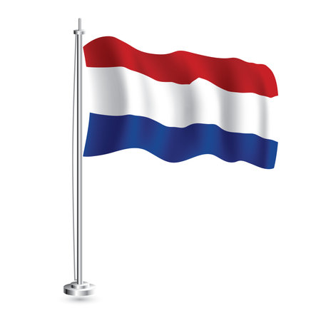 Netherlands Flag. Isolated Realistic Wave Flag of Netherlands Country on Flagpole. vector illustration.のイラスト素材
