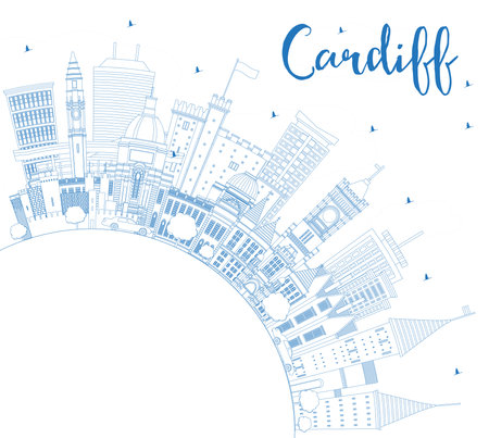 Outline Cardiff Wales City Skyline with Blue Buildings and Copy Space. vector illustration. Cardiff UK Cityscape with Landmarks. Business Travel and Tourism Concept with Historic Architecture.のイラスト素材