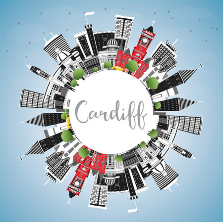 Cardiff Wales City Skyline with Color Buildings, Blue Sky and Copy Space. vector illustration. Cardiff UK Cityscape with Landmarks. Business Travel and Tourism Concept with Historic Architecture.のイラスト素材