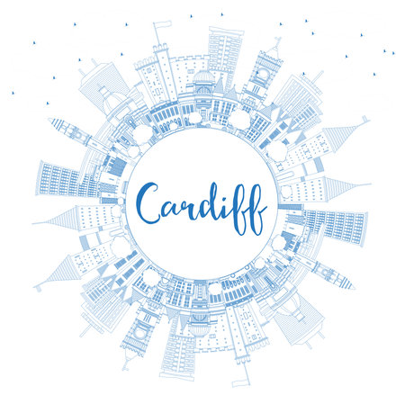 Outline Cardiff Wales City Skyline with Blue Buildings and Copy Space. vector illustration. Cardiff UK Cityscape with Landmarks. Business Travel and Tourism Concept with Historic Architecture.のイラスト素材