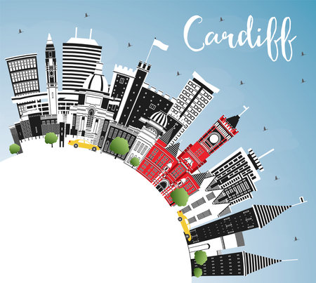 Cardiff Wales City Skyline with Color Buildings, Blue Sky and Copy Space. vector illustration. Cardiff UK Cityscape with Landmarks. Business Travel and Tourism Concept with Historic Architecture.のイラスト素材