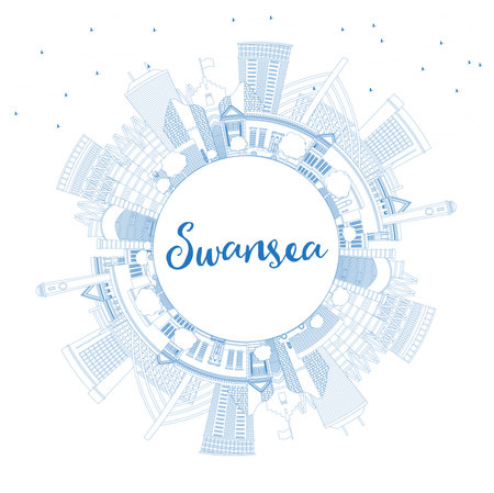 Outline Swansea Wales City Skyline with Blue Buildings and Copy Space. vector illustration. Swansea UK Cityscape with Landmarks. Business Travel and Tourism Concept with Historic Architecture.のイラスト素材