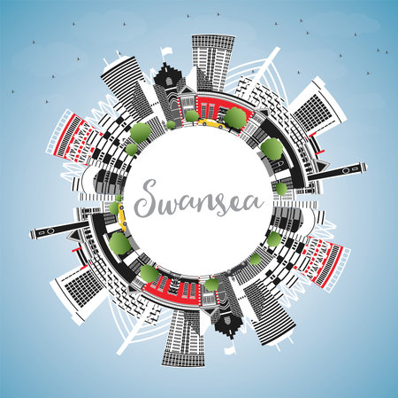 Swansea Wales City Skyline with Color Buildings, Blue Sky and Copy Space. vector illustration. Swansea UK Cityscape with Landmarks. Business Travel and Tourism Concept with Historic Architecture.のイラスト素材