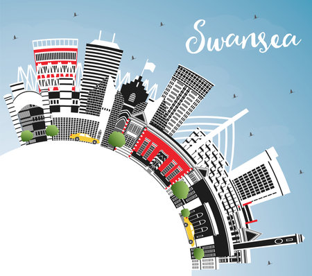 Swansea Wales City Skyline with Color Buildings, Blue Sky and Copy Space. vector illustration. Swansea UK Cityscape with Landmarks. Business Travel and Tourism Concept with Historic Architecture.のイラスト素材