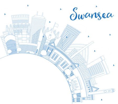 Outline Swansea Wales City Skyline with Blue Buildings and Copy Space. vector illustration. Swansea UK Cityscape with Landmarks. Business Travel and Tourism Concept with Historic Architecture.のイラスト素材