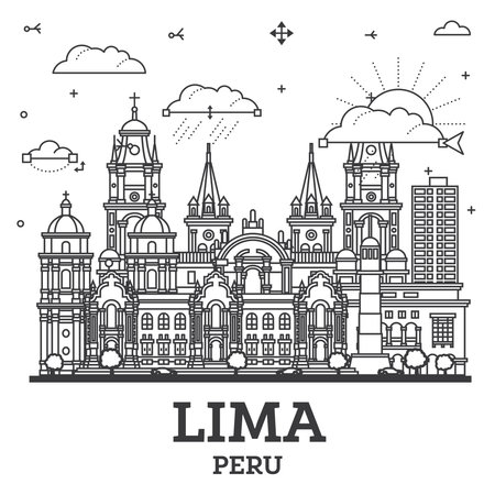 Outline Lima Peru City Skyline with Modern and Historic Buildings Isolated on White. vector illustration. Lima Cityscape with Landmarks.のイラスト素材