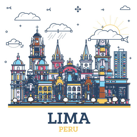 Outline Lima Peru City Skyline with Colored Historic Buildings Isolated on White. vector illustration. Lima Cityscape with Landmarks.のイラスト素材