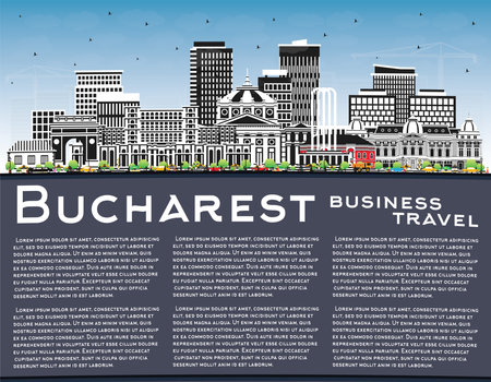 Bucharest Romania City Skyline with Color Buildings, Blue Sky and Copy Space. vector illustration. Bucharest Cityscape with Landmarks. Business Travel and Tourism Concept with Historic Architecture.のイラスト素材
