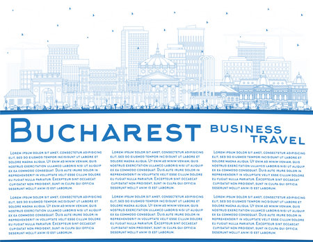 Outline Bucharest Romania City Skyline with Blue Buildings and Copy Space. vector illustration. Bucharest Cityscape with Landmarks. Business Travel and Tourism Concept with Historic Architecture.のイラスト素材