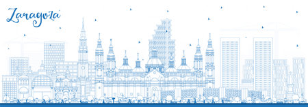 Outline Zaragoza Spain City Skyline with Blue Buildings. vector illustration. Zaragoza Cityscape with Landmarks. Business Travel and Tourism Concept with Historic Architecture.のイラスト素材