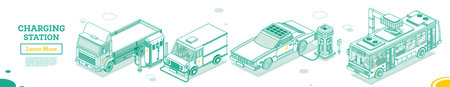 electric vehicle. Electromobile Charging Station. Isometric Outline Concept. vector illustration. Truck, Van and Bus. Eco transport. green energy. Set of Electric Transport.のイラスト素材